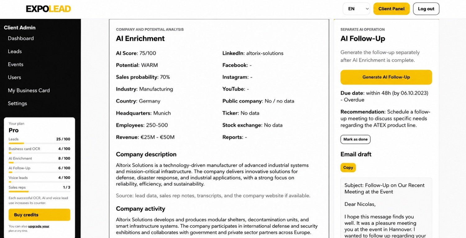 ExpoLead desktop AI Enrichment top view