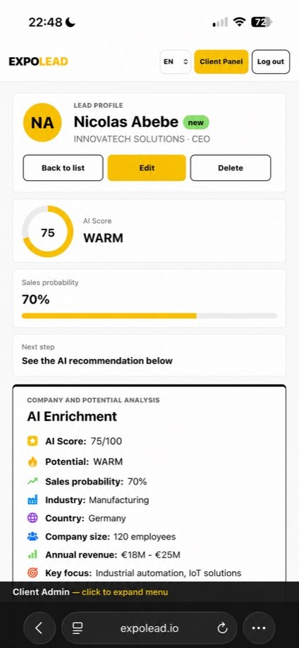 ExpoLead AI Enrichment mobile lead card view